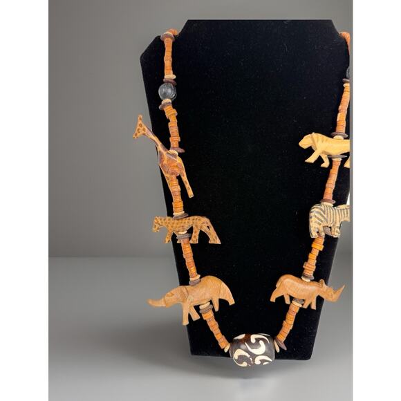 Hand Carved Wooden Necklace Beads Safari Animals Tribal 31" Zebra Elephant More - Picture 2 of 11